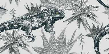 Bitkiler ve kertenkeleler. İguana ve sulu. Vintage dikişsiz patt
