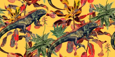 Kusursuz desen. Kaktüsler, ficus ve iguana sarı arka plan üzerinde.