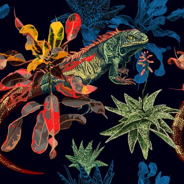 Kusursuz desen. Kaktüsler, ficus ve iguana.