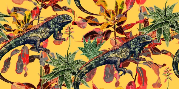 Kusursuz desen. Kaktüsler, ficus ve iguana sarı arka plan üzerinde.