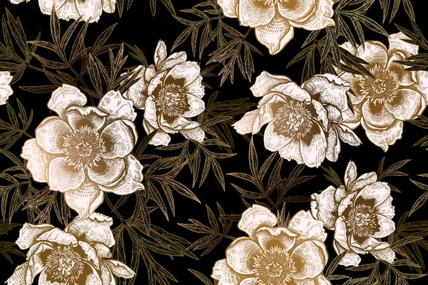 Patrón sin costuras con peonías y hojas. Negro, blanco y oro — Vector de stock