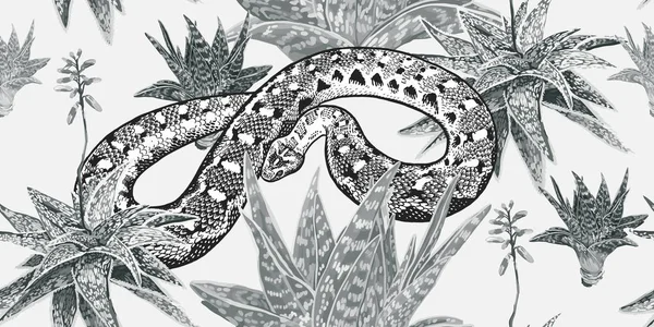 Reptiles, aloe and cacti. Floral seamless pattern with blooming