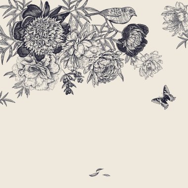 Lüks çiçek açan şakayık, kelebekler ve kuşların garland. Lu