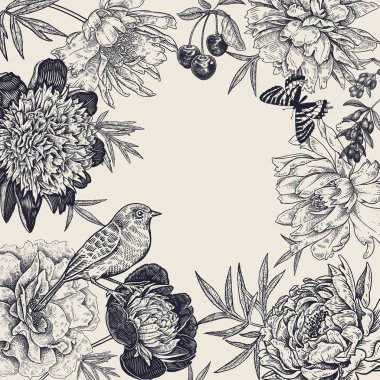 Çiçek açan şakayıklar, meyveler, kuşlar ve kelebekler. Vintage çerçeve.