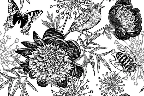 Χωρίς ραφές floral μοτίβο με παιώνιες, πουλί, σκαθάρι και βουτυρι — Διανυσματικό Αρχείο