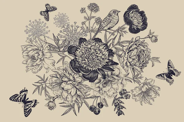 Strauß von Gartenblumen Pfingstrosen, Schmetterlinge und Vögel. Jahrgang — Stockvektor