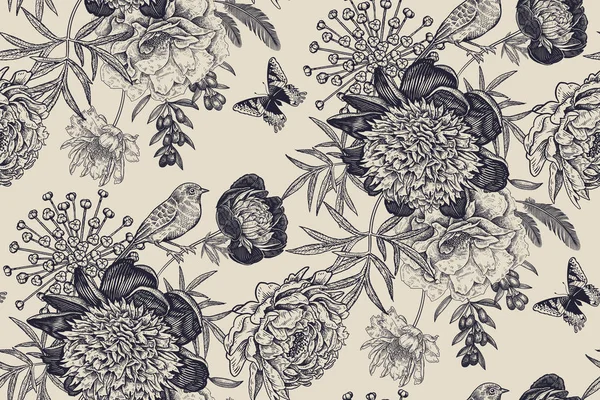 Floral σχέδιο χωρίς ραφές με λουλούδια κήπου παιώνιες, πουλί και BU — Διανυσματικό Αρχείο
