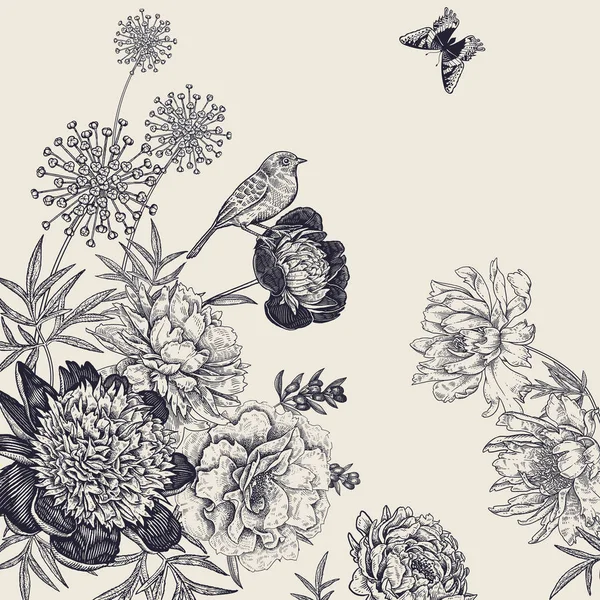 Vintage βοτανική διακόσμηση. Λουλούδια, πεταλούδες και πουλιά. — Διανυσματικό Αρχείο
