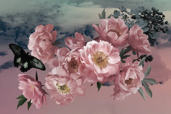 Pioenrozen Close Tuin Bloemen Vlinder Achtergrond Van Een Aquarel Hemel — Stockfoto