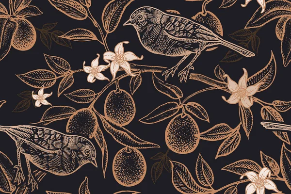 Patrón sin costuras con plantas y aves. Pájaro en una rama de citr — Archivo Imágenes Vectoriales