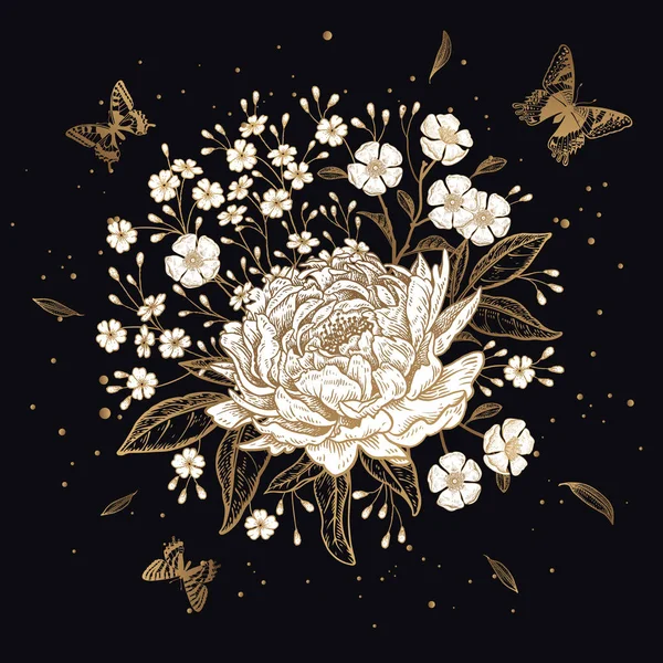 Çiçek buketi ipeonies ve kelebekler. Siyah sırt üzerinde Altın — Stok Vektör