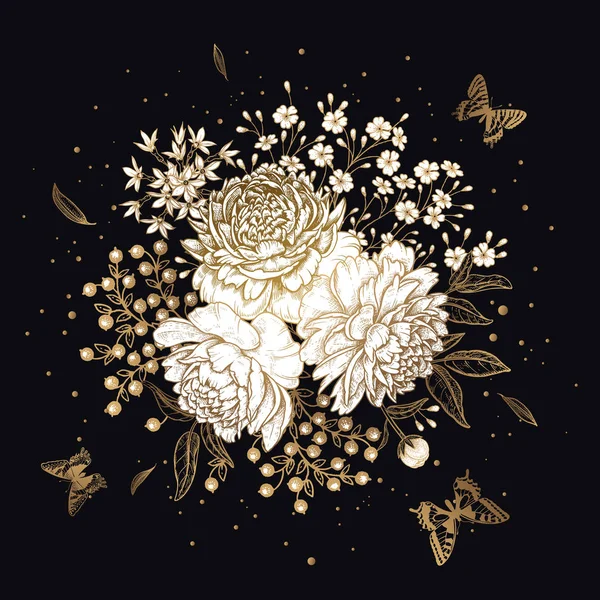 Bouquet of flowers Ipeonies and butterflies. Gold on black backg — Stock Vector
