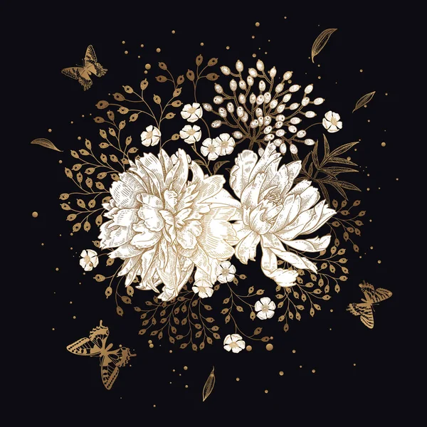 花束的花叶和蝴蝶。黑色背面的金色 — 图库矢量图片