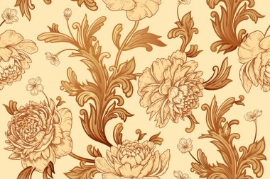 Bahçe çiçekleri şakayıklar ve barok dekorlar. Kusursuz vuruş.