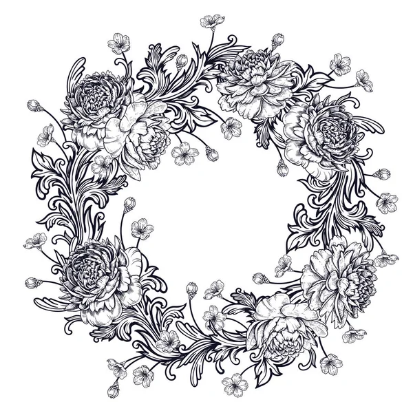 Peonías y detalles de adornos de estilo barroco. Corona de flores . — Archivo Imágenes Vectoriales