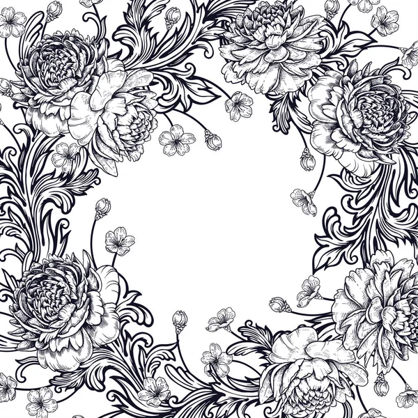 Pioenrozen en barokke stijl ornament Details. Frame. — Stockvector