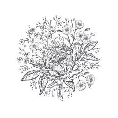 Bahçe şakayık ve diğer çiçekler buket. Çiçek dekorasyonu.