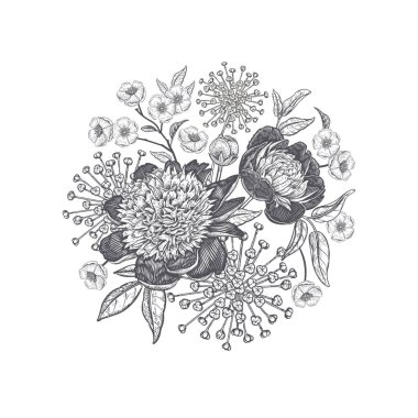 Bahçe şakayık ve diğer çiçekler buket. Çiçek dekorasyonu.