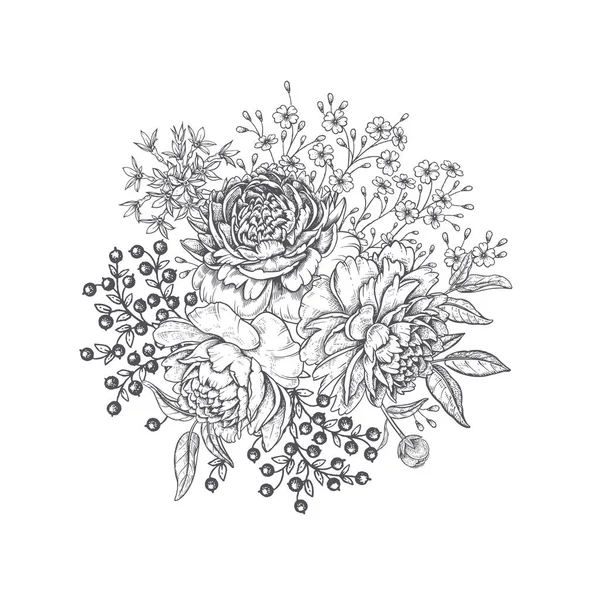 Bouquet de pivoines de jardin et autres fleurs. Décoration florale . — Image vectorielle