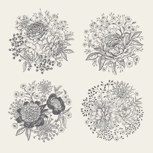 Set Décor Floral Bouquets Pivoines Jardin Autres Fleurs Illustration Vectorielle — Image vectorielle