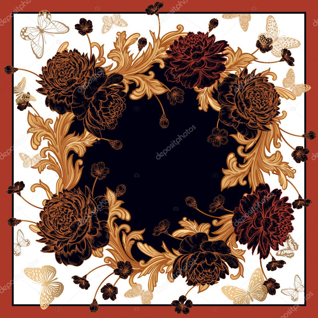 Floral pattern. Wreath of luxurious flowers peonies, baroque sty