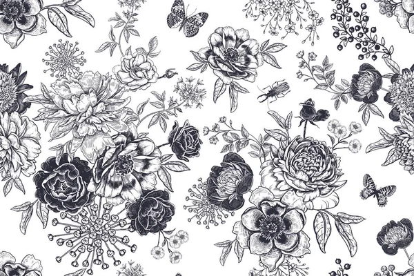 Patrón sin costura vintage en blanco y negro. Flores, escarabajos y b — Archivo Imágenes Vectoriales