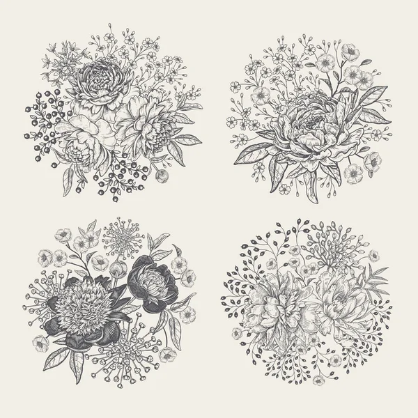 Ensemble de décorations florales. Bouquets de pivoines de jardin et autres — Image vectorielle