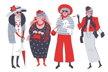 Fashionable stylish old women set. Female cartoon character. Bea