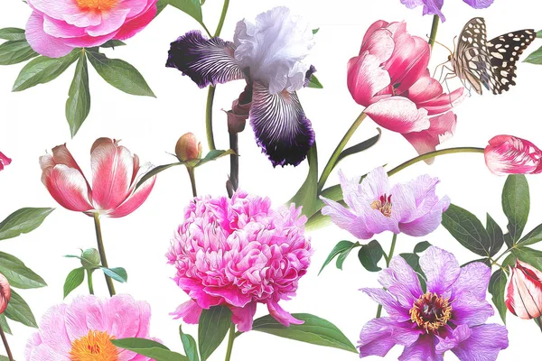 Virágos Zökkenőmentes Minta Gyönyörű Kerti Virágok Pillangók Virágzó Bazsarózsa Íriszek — Stock Fotó