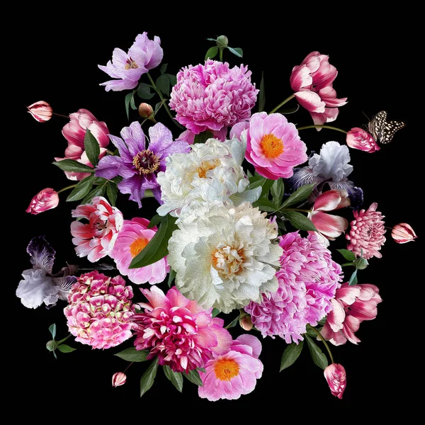 Blommig Dekoration Vackra Trädgårdsblommor Och Fjäril Blommande Pioner Iris Hortensia — Stockfoto