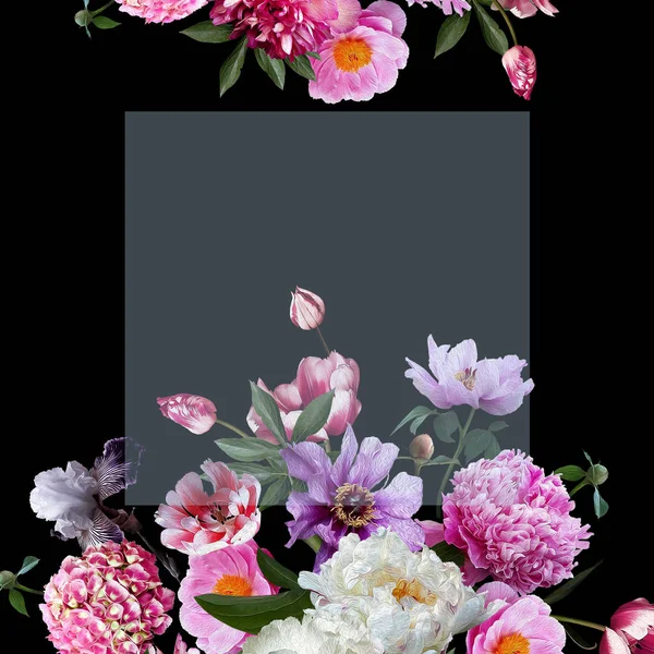 Tarjeta Floral Vintage Flores Jardín Mariposa Lugar Para Una Inscripción —  Fotos de Stock