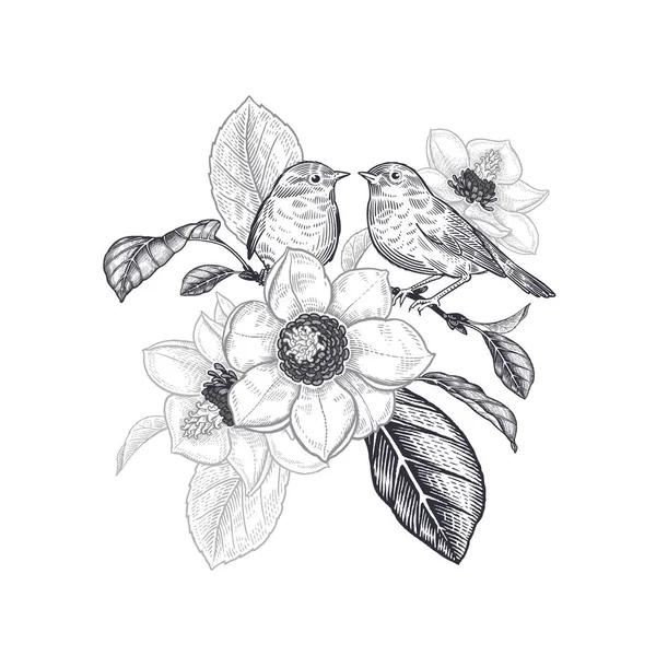 春意与木兰花同在 一棵树枝和两只可爱的小鸟 黑白矢量图解 维多利亚风格 室内设计 情人节 — 图库矢量图片