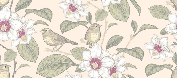 Árbol Magnolia Floreciente Pequeños Pájaros Lindos Flores Hojas Ramas Patrón — Archivo Imágenes Vectoriales