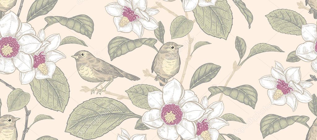 Blooming magnolia tree and little cute birds. Flowers, leaves and branches. Floral seamless pattern. Pastel colors. Vector illustration. Vintage. Decorative background for paper, wallpaper, textile.