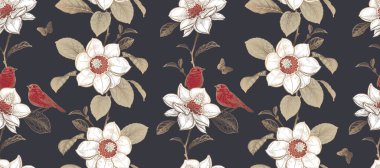 Çiçeksiz desen. Çiçekli manolya ağacı ve sevimli kuşlar. Beyaz çiçekler, altın yapraklar, siyah arka planda kırmızı kuşlar. Vektör çizimi. Eski model. Kağıt, duvar kağıdı, yaz tekstili için şablon.