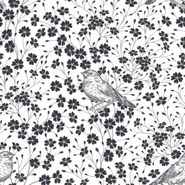 배경에는 꽃들과 귀여운 그래픽 새들로 이루어진 실루엣이 있습니다 인테리어 장식용의 — 스톡 벡터