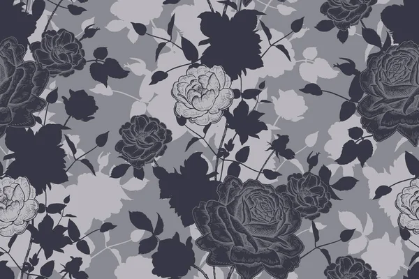 Silhouettes Fleurs Jardin Roses Clématites Noir Blanc Gris Motif Floral — Image vectorielle