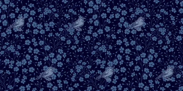 Silhouetten Van Kleine Bloemen Schattige Grafische Vogels Navy Blauwe Kleur — Stockvector