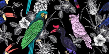 Tropical birds, flowers, fruits, leaves on black background. Floral seamless pattern. Pineapple, parrots, toucans. Exotic nature. Vector illustration. Vintage. Luxury summer design for Hawaiian shirts clipart