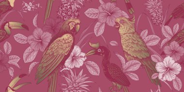 Lüks tropikal desen. Egzotik kuşlar papağanlar ve tukanlar. Tropik yapraklar ve çiçekler. Pembe arka planda altın folyo izi. Egzotik desen. Hawaii gömlekleri için yaz tasarımı, kağıt, duvar kağıdı, tekstil