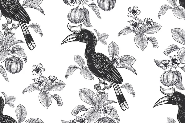Patrón Tropical Floral Sin Costura Fondo Blanco Negro Para Textiles — Archivo Imágenes Vectoriales