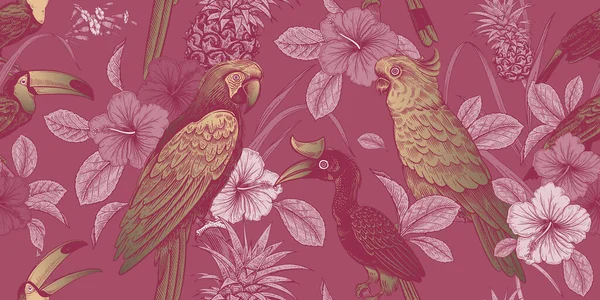 Luxury tropical pattern. Exotic birds parrots and toucans. Tropical leaves and flowers. Gold foil print on pink background. Exotic pattern. Summer design for hawaiian shirts, paper, wallpaper, textile