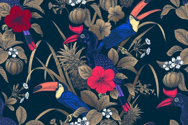 熱帯の花のシームレスパターン 明るい熱帯の鳥 黒い背景に金色の葉 エキゾチックな自然 ベクトルイラスト ヴィンテージ ハワイのシャツのための豪華な夏のデザイン — ストックベクタ