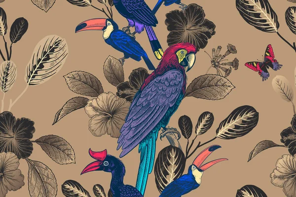 Patrón Sin Costura Floral Tropical Verano Brillantes Aves Tropicales Mariposas — Archivo Imágenes Vectoriales