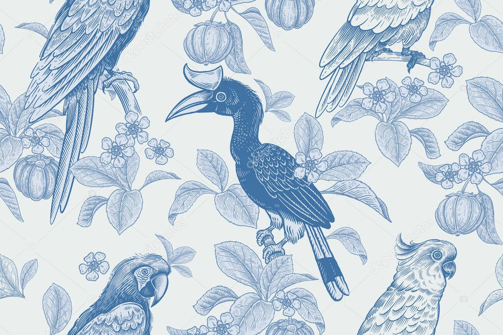 Tropical floral seamless pattern. Background for textile, paper, wallpaper. Tropical leaves and flowers, birds toucans and parrots, exotic fruits. Blue colors. Vector. Vintage.