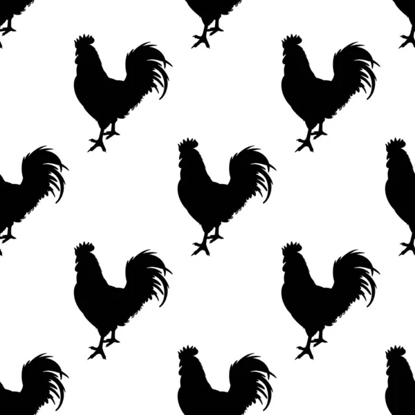 Seamless Pattern Silhouettes Roosters Decorative Background Cocks Domestic Bird Farm — Stock Vector