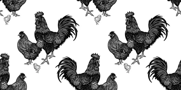 Patrón Sin Costuras Con Pollo Gallo Gallina Fondo Decorativo — Archivo Imágenes Vectoriales