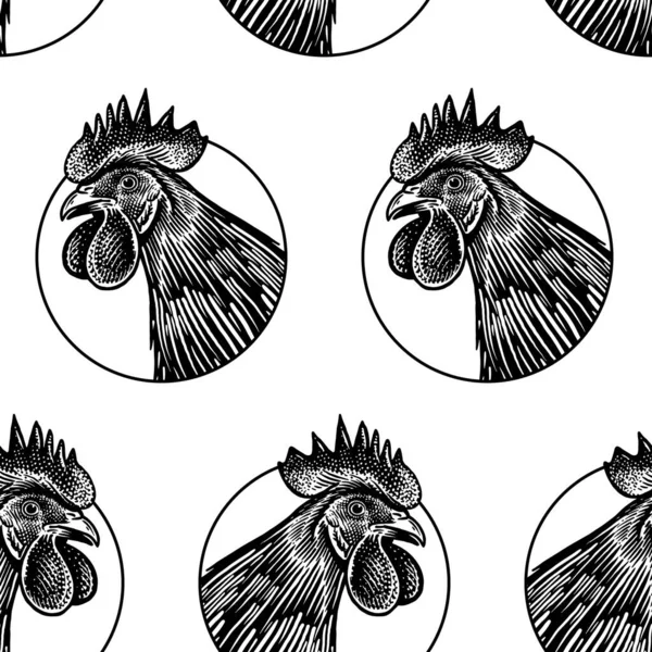 无缝图案 鸡头特写 白色背景上的黑色图像 农场动物系列 家禽的病媒图解 黑色和白色图形 古旧素描 — 图库矢量图片