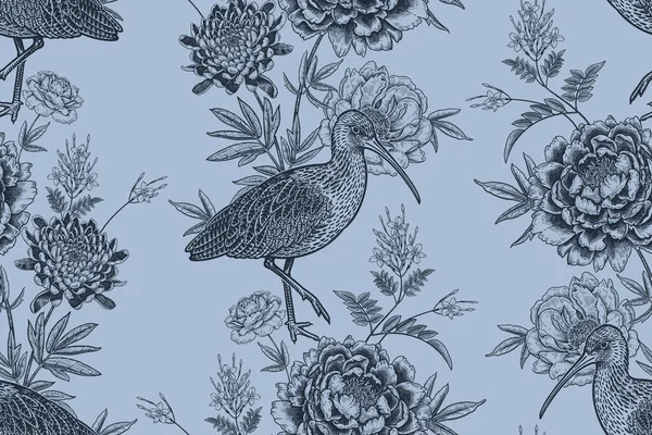 Patrón Sin Costura Floral Flores Pájaro Jardín Con Ramas Hojas — Archivo Imágenes Vectoriales