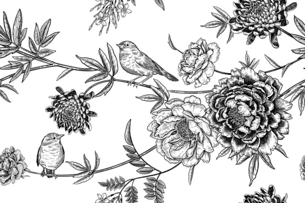 Dos Pajaritos Lindos Las Ramas Árbol Patrón Sin Costura Floral — Archivo Imágenes Vectoriales